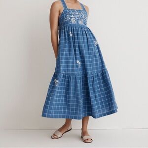 NWT Madewell embroidered cicely tiered midi dress in blue plaid size 6